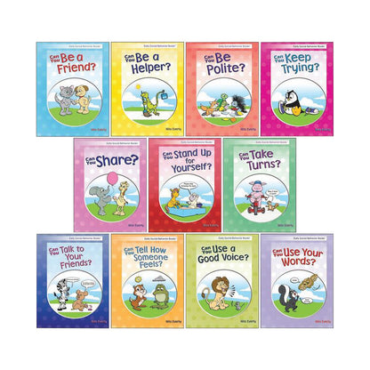 Early Social Behavior 11-Book Set showing colorful covers with various animals and social themes like friendship and politeness.