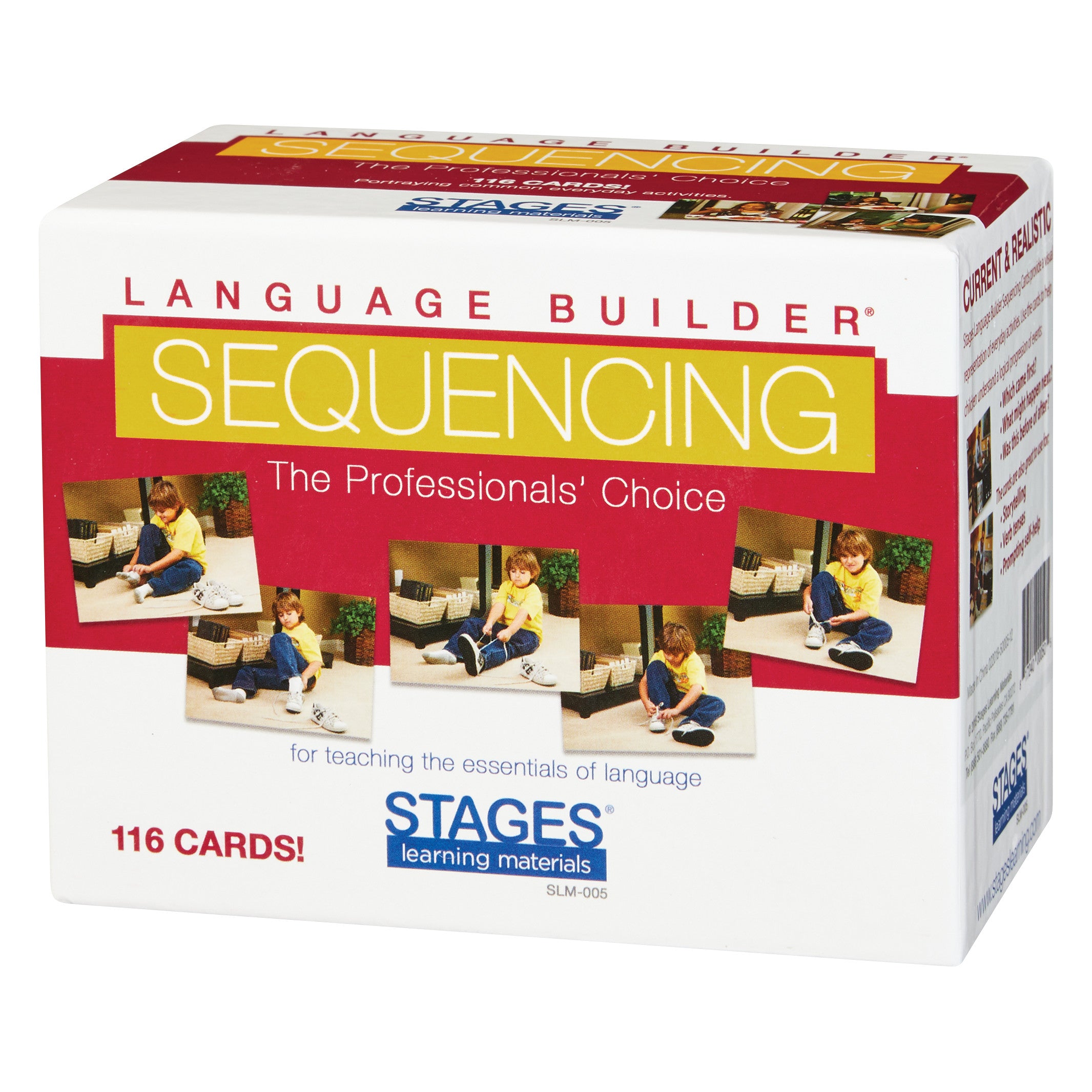 Box of Language Builder Sequencing Cards featuring 116 cards for teaching language, with images of a child putting on shoes.