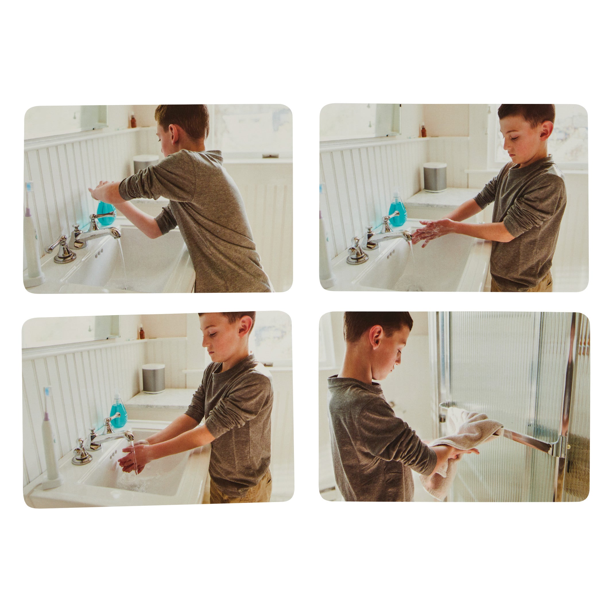 A child demonstrates handwashing and drying in four steps. This is from the Language Builder Sequencing Cards.