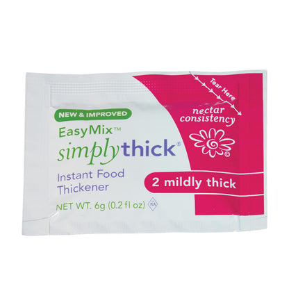 SimplyThick EasyMix Gel Thickener packet for instant food thickening. It's labeled "2 mildly thick" with "nectar consistency."