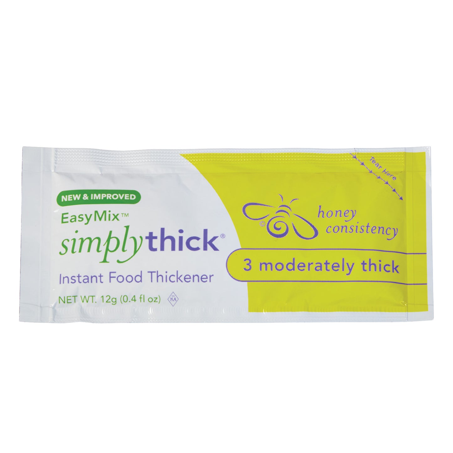 SimplyThick EasyMix Gel Thickener packet, marked as "honey consistency" and "3 moderately thick." Net weight is 12g (0.4 fl oz).