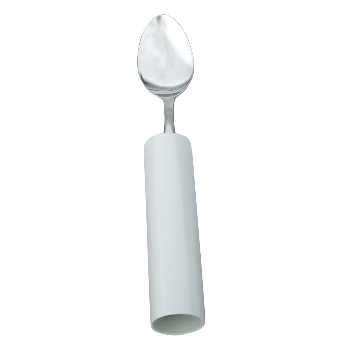 The Therafin Tube Handle Teaspoon features a metal spoon with a wide, cylindrical, plastic handle for easy gripping.