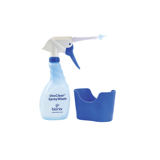 Bionix OtoClear SprayWash Ear Irrigation System with a spray bottle and a blue basin for ear cleaning.
