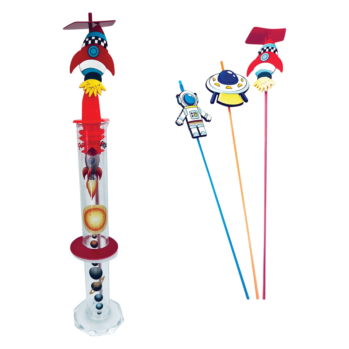 TheraSIP RocketSIP features colorful space-themed straws with astronaut, UFO, and rocket designs, alongside a clear holder.