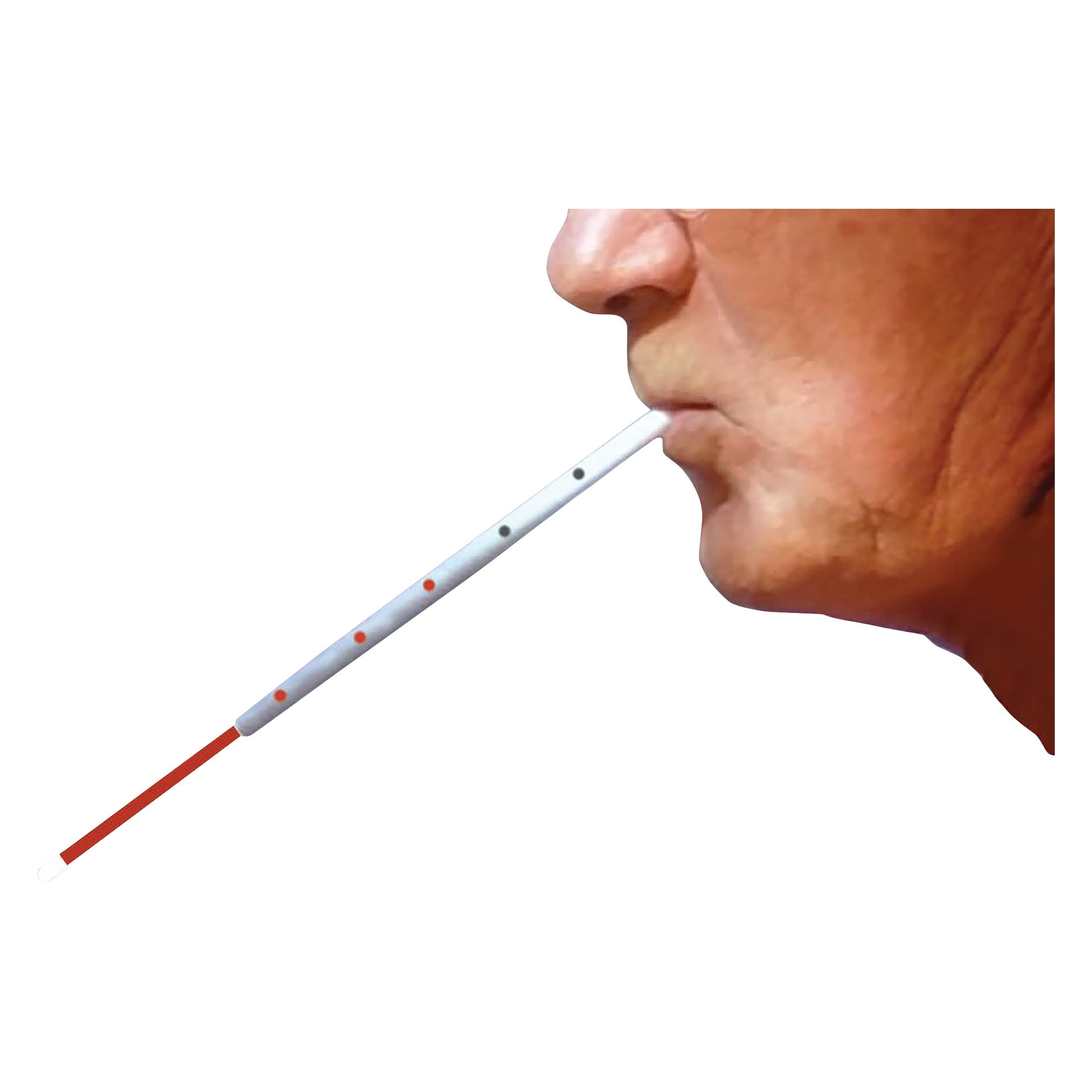 A person uses a TheraSIP LaryngeLIFT, a white tube with colored dots, held in their mouth for exercise or therapy.