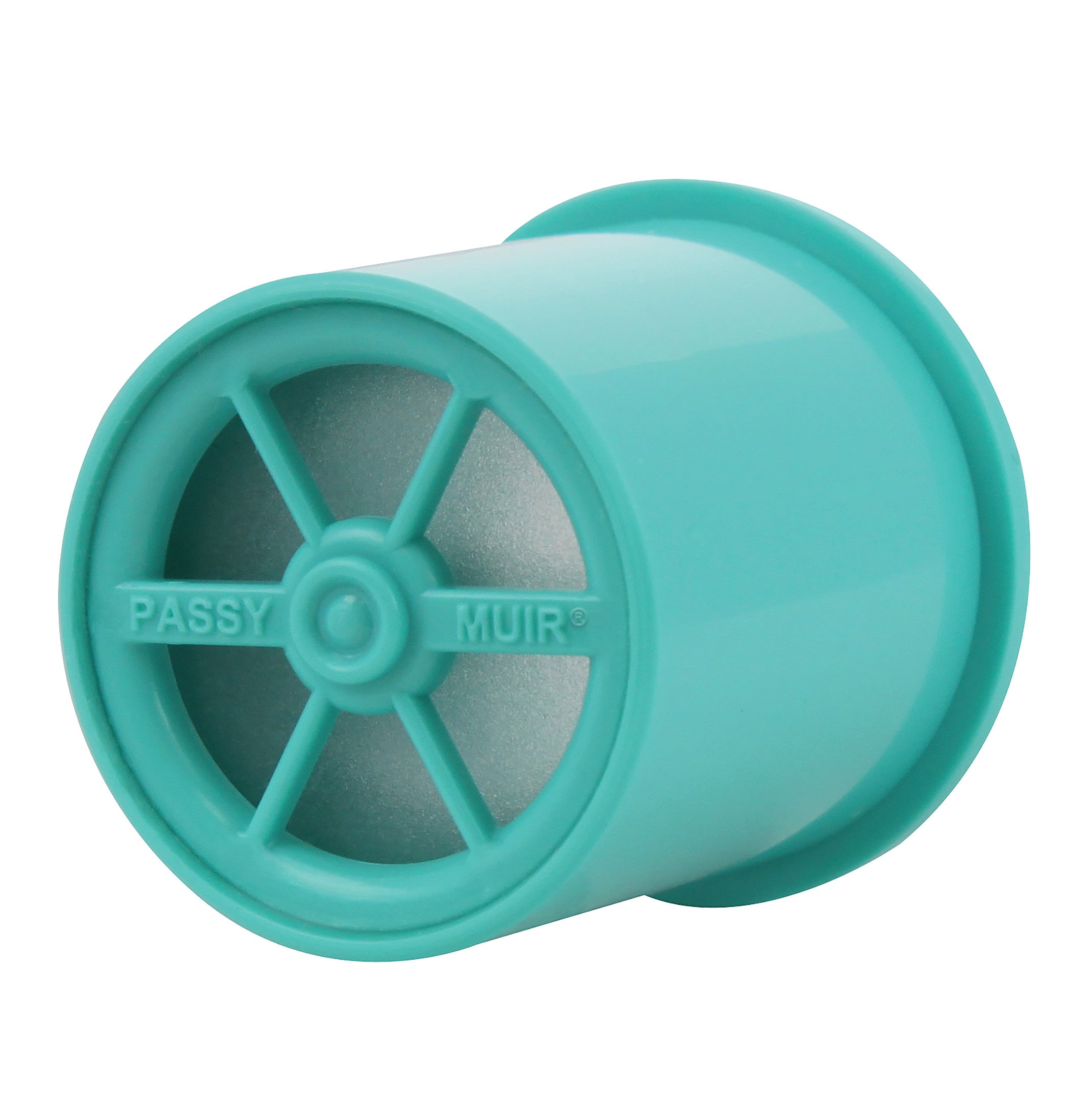Teal Passy Muir Tracheostomy and Ventilator Speaking Valve, featuring a round shape and central hub with radial design.