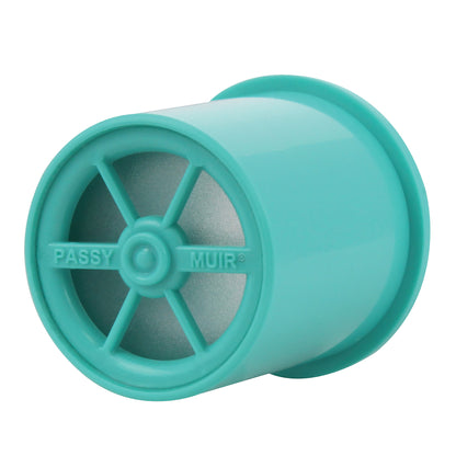 Teal Passy Muir Tracheostomy and Ventilator Speaking Valve, featuring a round shape and central hub with radial design.