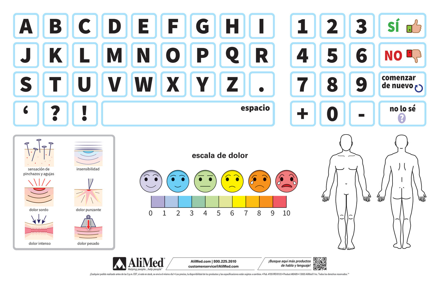 The AliMed Critical Communicator features a Spanish alphabet, numbers, pain scale, and body outline for non-verbal communication.
