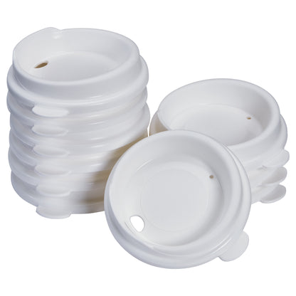 Stacked white lids with sip holes, labeled as "Replacement Lid for Insulated Mug," designed for easy drinking.