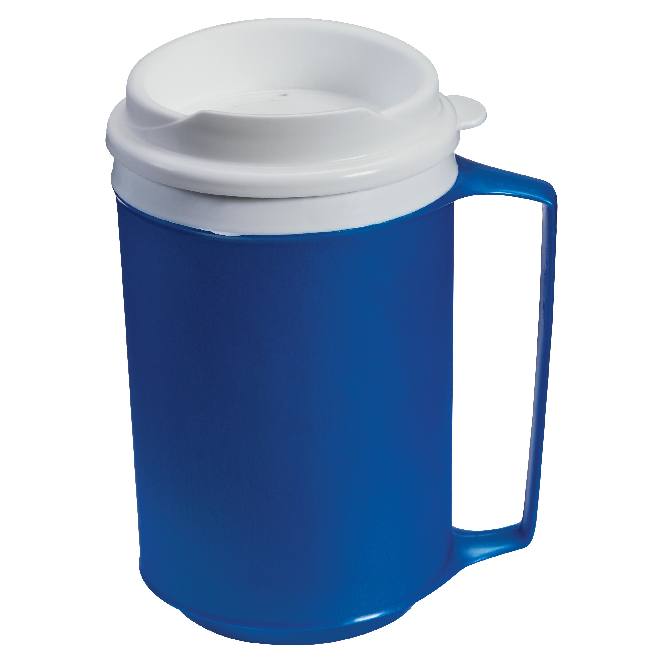 Blue Insulated Mug with Lid, featuring a white cap and side handle.