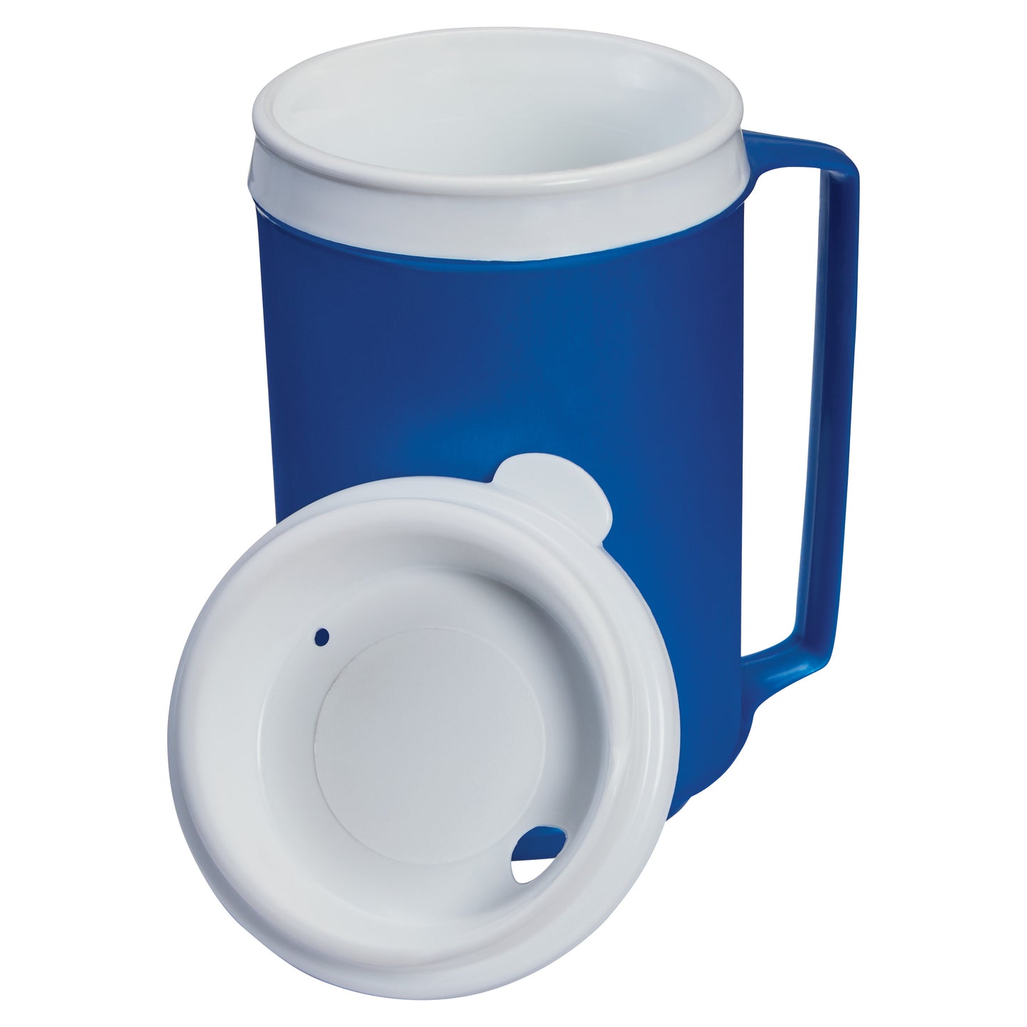 Blue and white Insulated Mug with Lid, featuring a handle and a removable lid with two small openings for drinking.
