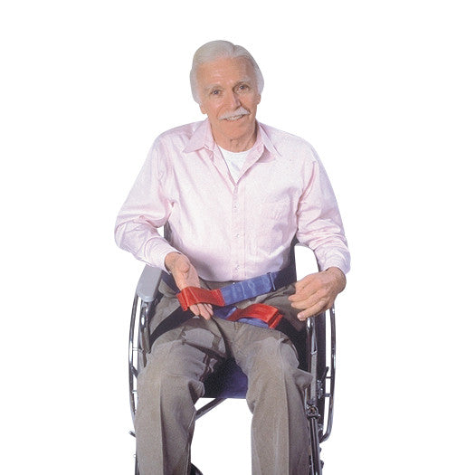 An elderly man in a wheelchair holds the SkiL-Care Quick-Release Stabilizer Belt, which is secured around his waist.