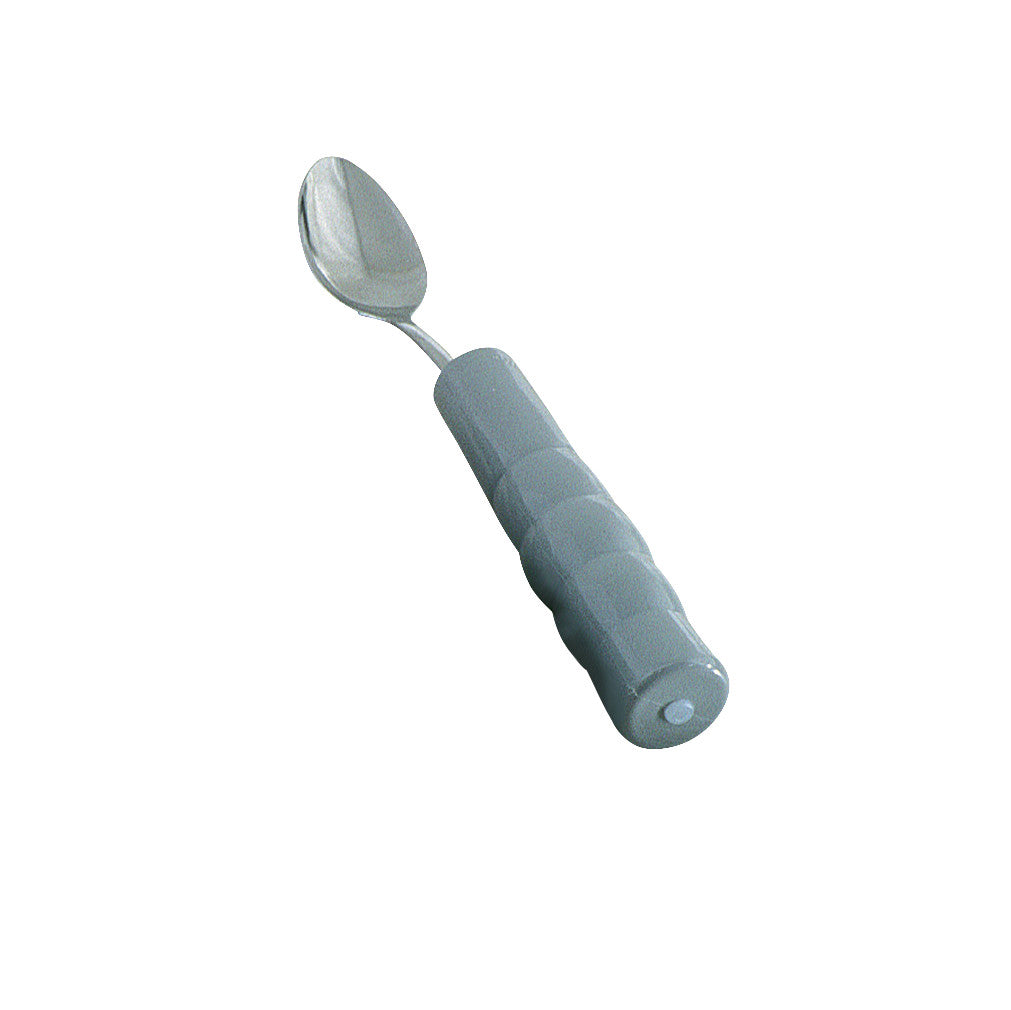 A Therafin Weighted-Handle Flatware spoon with a thick, textured gray handle designed for easy grip and stability.
