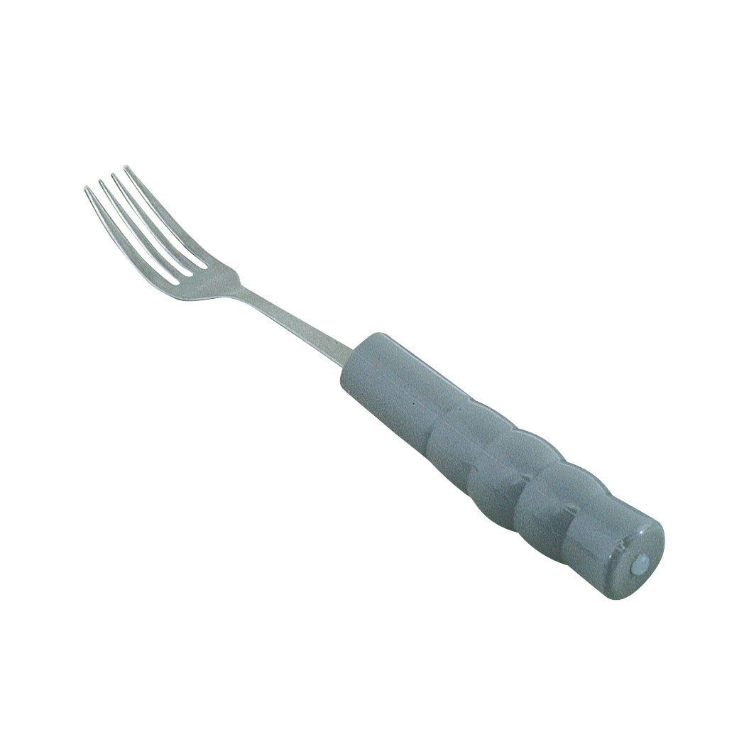 A Therafin Weighted-Handle Flatware fork with a gray, textured handle and stainless steel prongs, designed for easy grip.