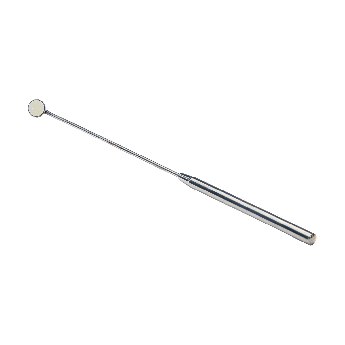 A metal Laryngeal Mirror with a long handle and small round mirror at the end, used for examining the throat.