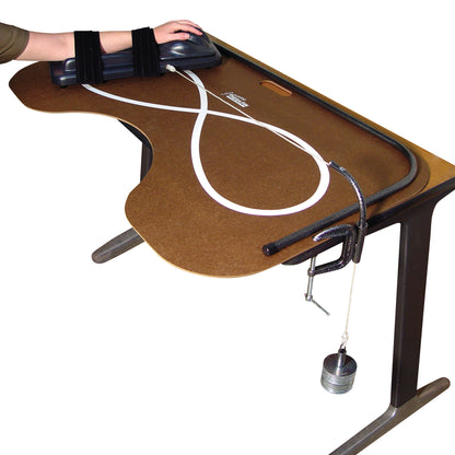 The Figure Eight Skate Board System features a board, an armrest, weights, and a pulley system for therapy or rehabilitation.