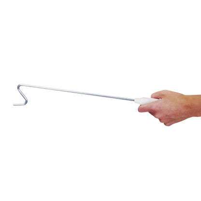 A hand holds a Push/Pull Kitchen Stick, featuring a long metal rod with a white handle and a hooked end.