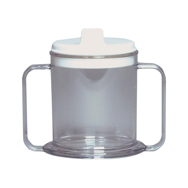 A clear mug with dual handles and a white lid. The product is named "Clear Mug."