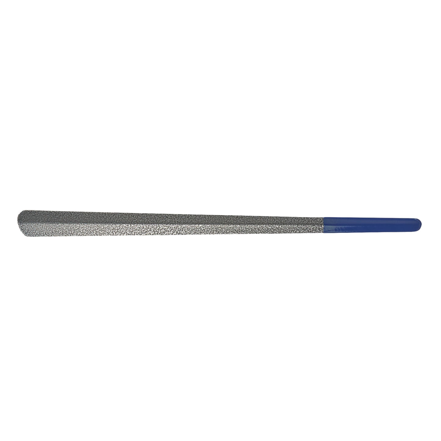 The Easy-Slide Shoehorn is a metal tool with a textured surface and a blue handle, designed for assisting in putting on shoes.