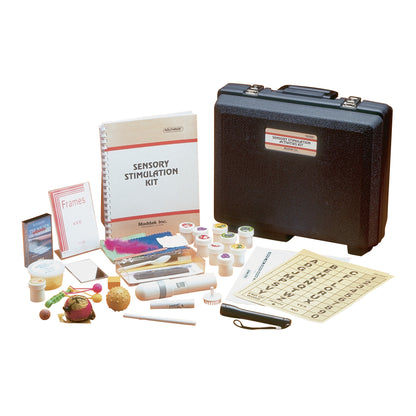 A Sensory Stimulation Kit includes various tactile and visual items, a booklet, and a black carrying case.