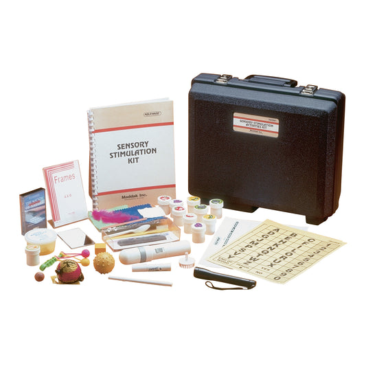 A Sensory Stimulation Kit includes various tactile and visual items, a booklet, and a black carrying case.