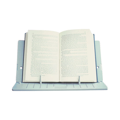 Robert's Book Holder displaying an open book, supported by a perforated metal stand with page-clamp arms.