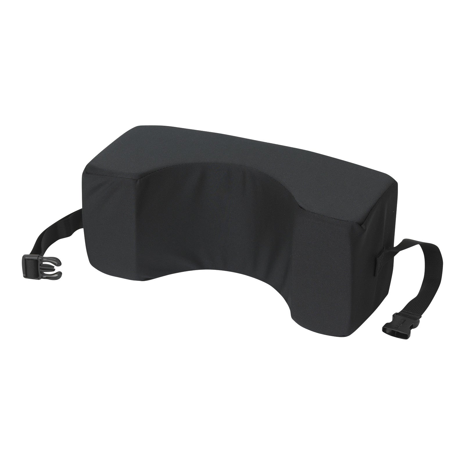 Black SkiL-Care Reclining Wheelchair Headrest with a contoured shape and adjustable straps for secure attachment.