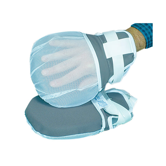 A SkiL-Care Padded Motion Control Mitt on a person's hand, featuring soft padding and a mesh cover, with adjustable straps.