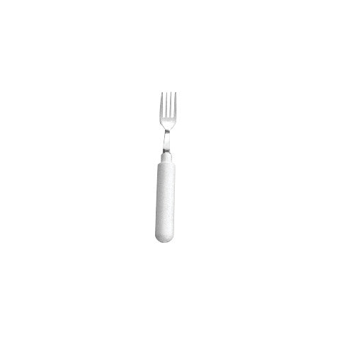 A fork with a thick, white handle. This is the Grip-Tight Straight Utensil, designed for easy gripping.
