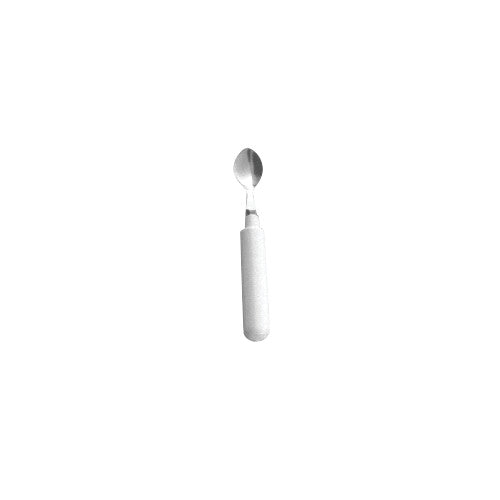 A silver spoon with a thick white handle, labeled as Grip-Tight Straight Utensils, is displayed against a white background.