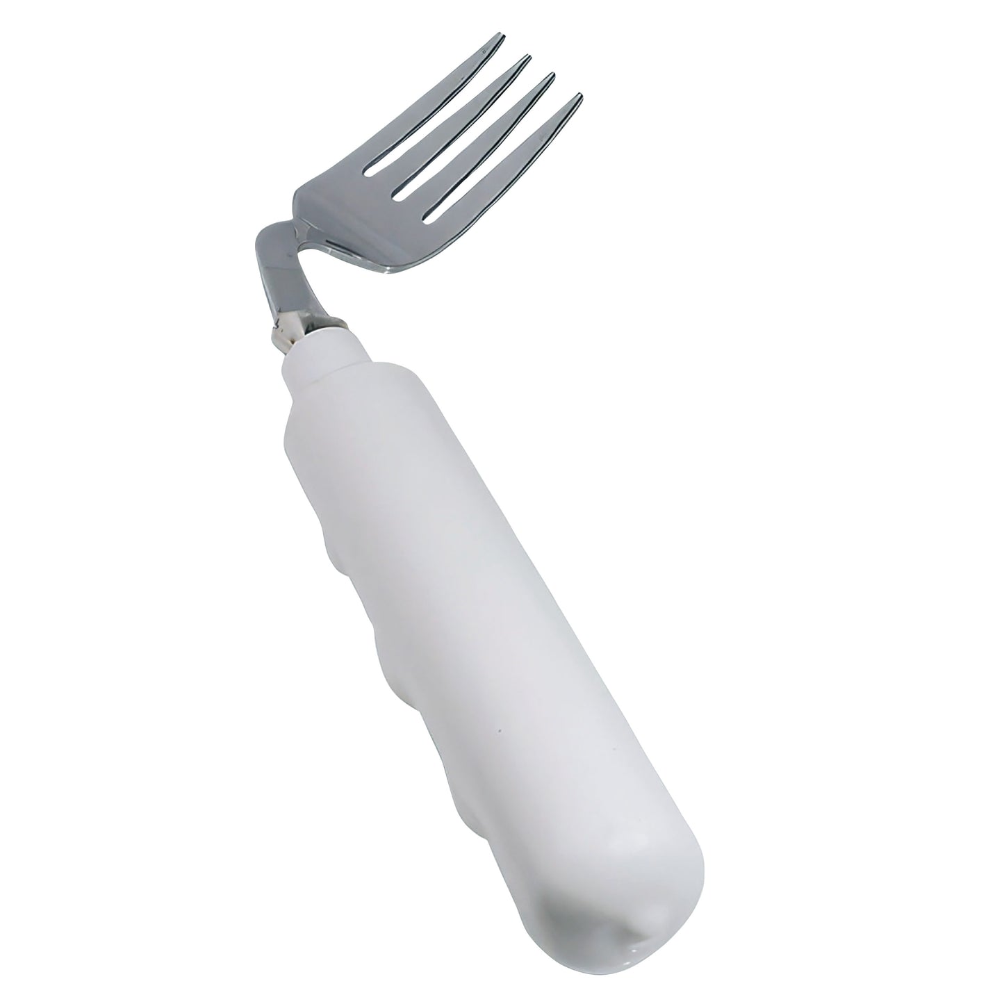 A Grip-Tight Angled Utensil fork with a large white handle, featuring a bent stainless steel prong section for easier use.