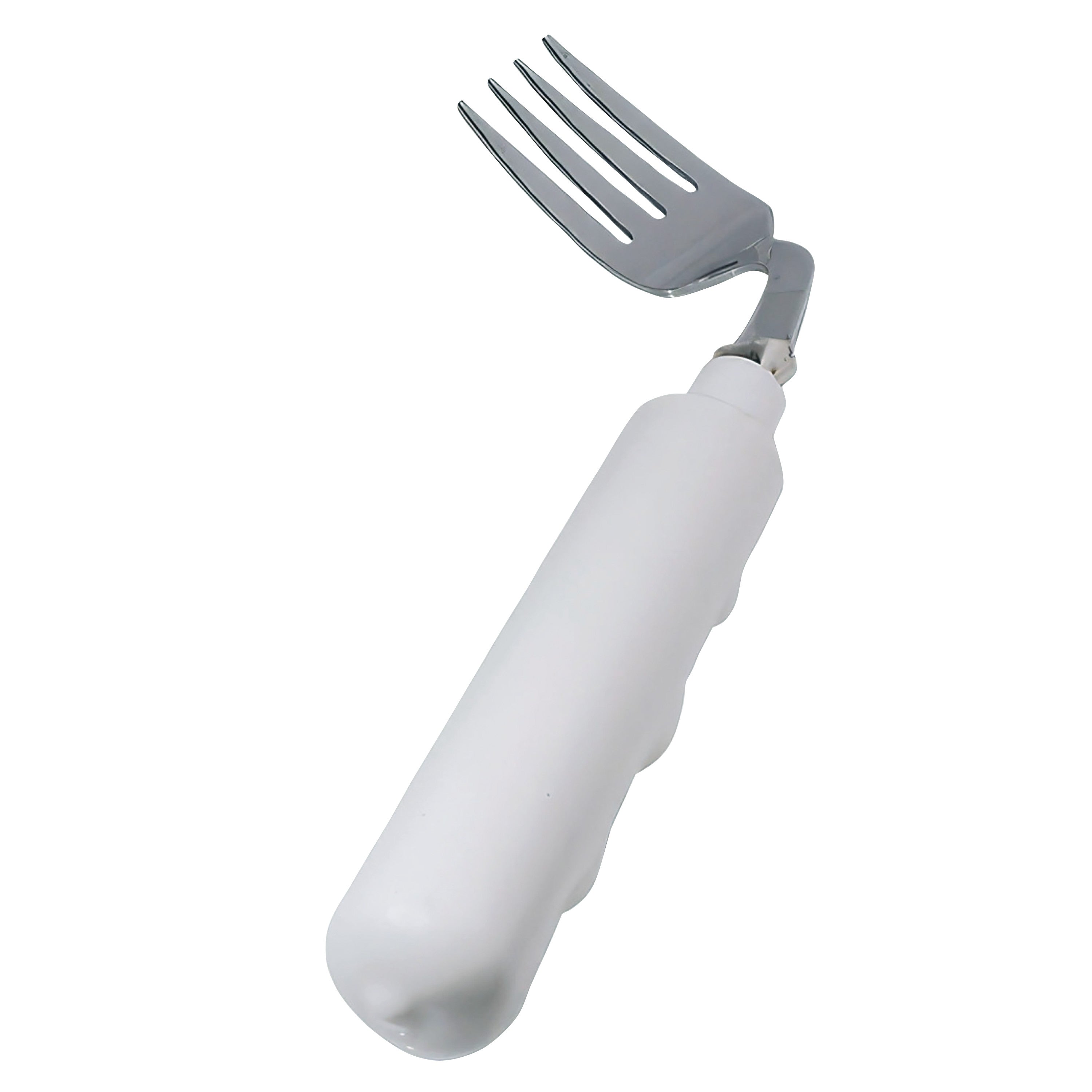 Grip-Tight Angled Utensils fork with a large, ergonomic white handle and angled silver prongs for easy gripping.