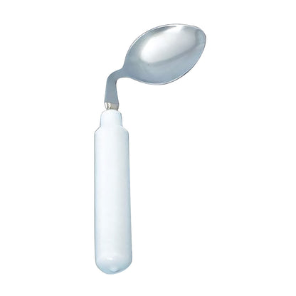 A Grip-Tight Angled Utensil spoon with a curved metal head and a thick white handle, designed for easy gripping and use.