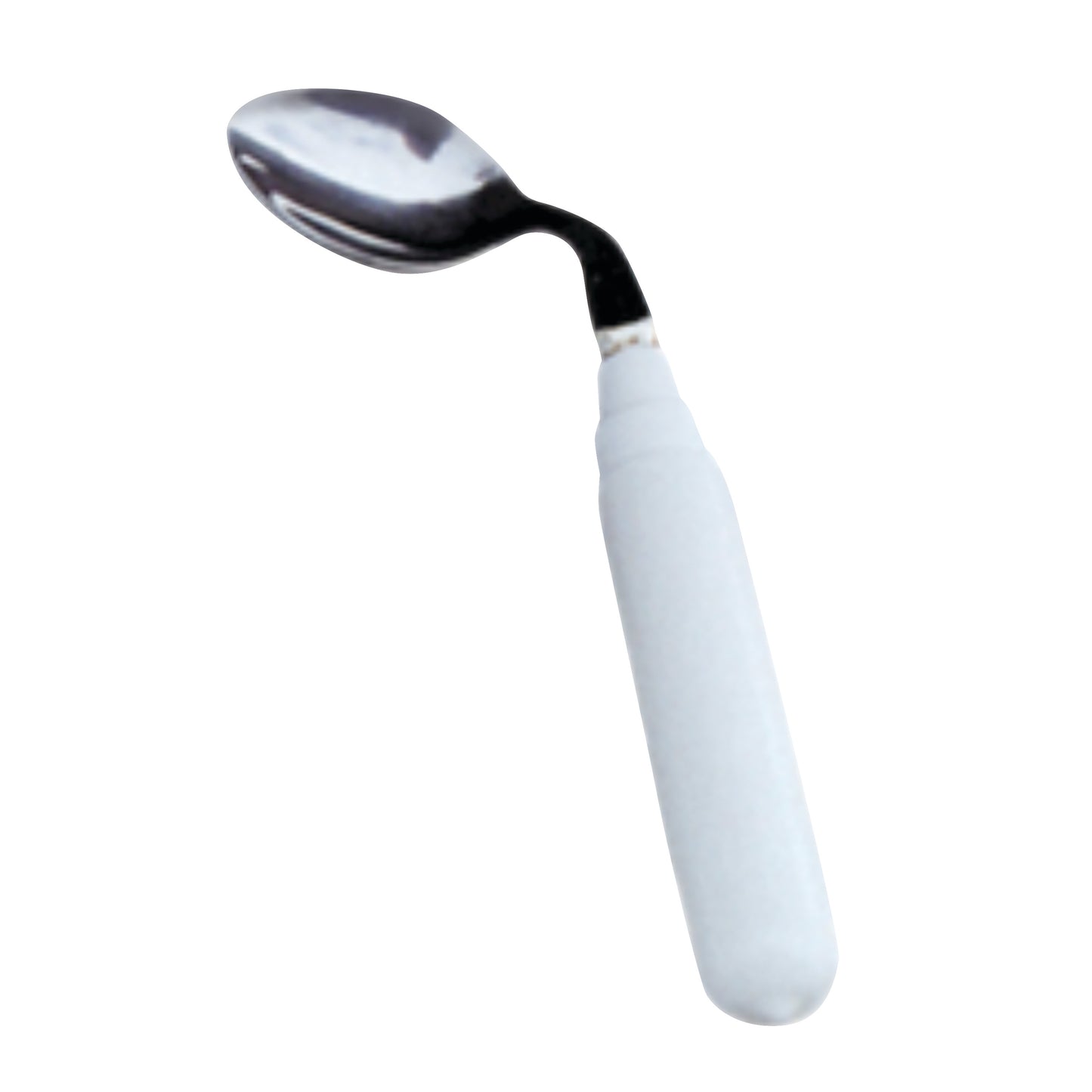 The "Grip-Tight Angled Utensils" spoon has a white ergonomic handle and a curved metal shaft for easier use.