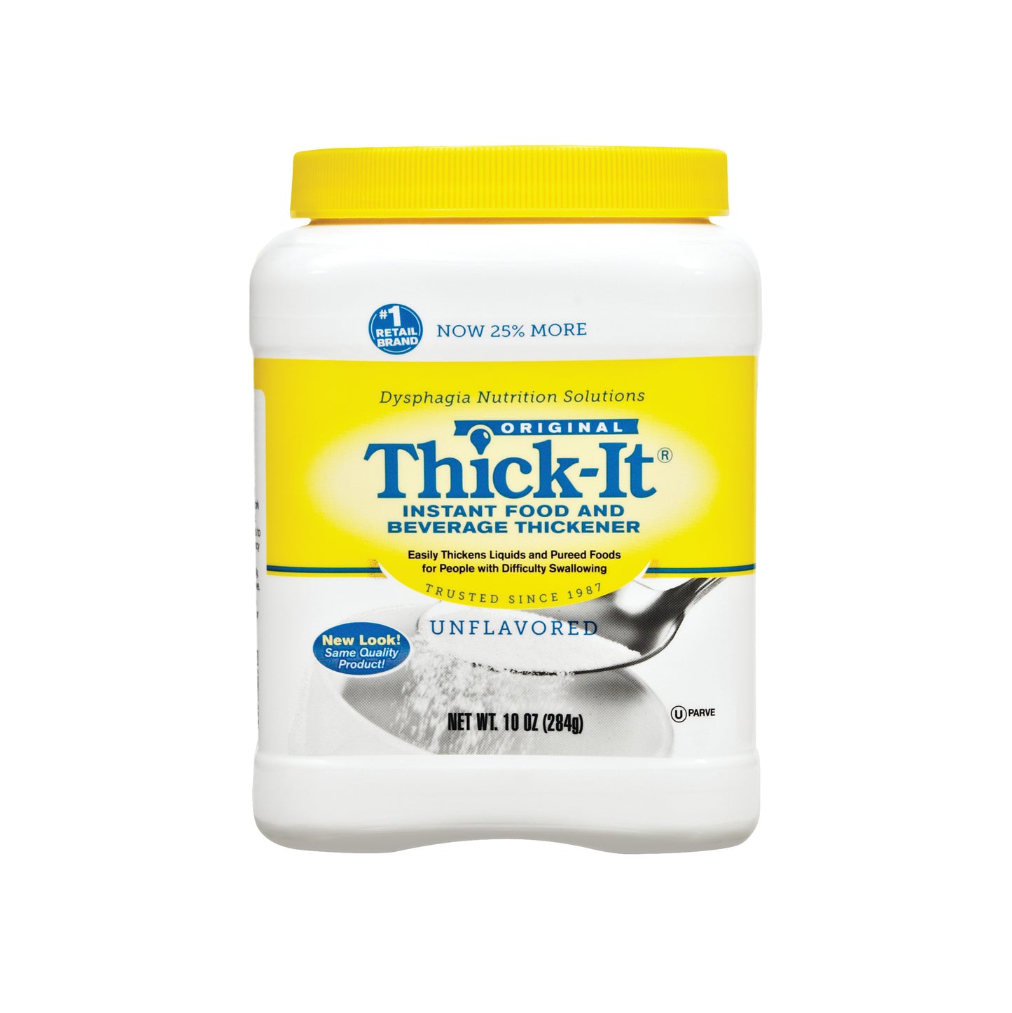 Container of Thick-It Original Food and Beverage Thickener, unflavored, with a yellow lid and label. It weighs 10 oz (284g).