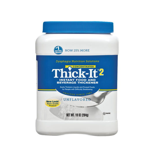 Thick-It Original Food and Beverage Thickener is a 10 oz jar of unflavored powder for thickening liquids and pureed foods.