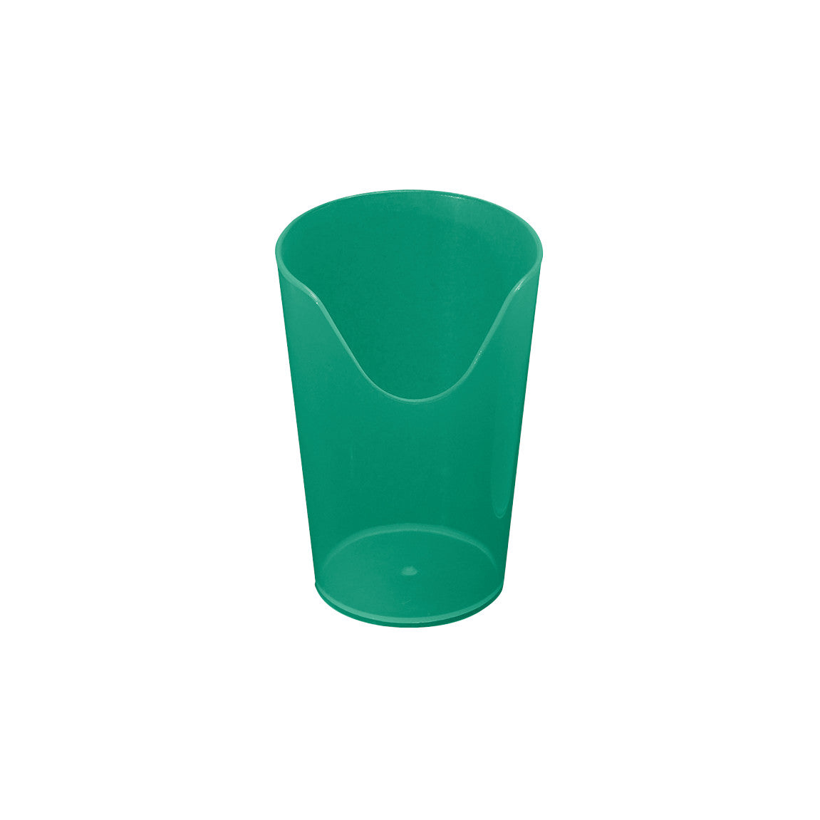 A green "Nosey Cutout Cup" with a U-shaped cutout on one side, shown on a white background.