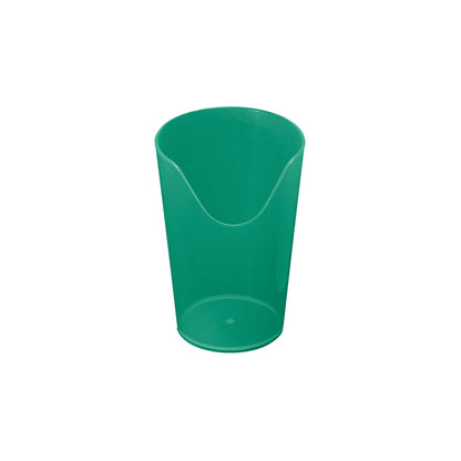 A green "Nosey Cutout Cup" with a U-shaped cutout on one side, shown on a white background.