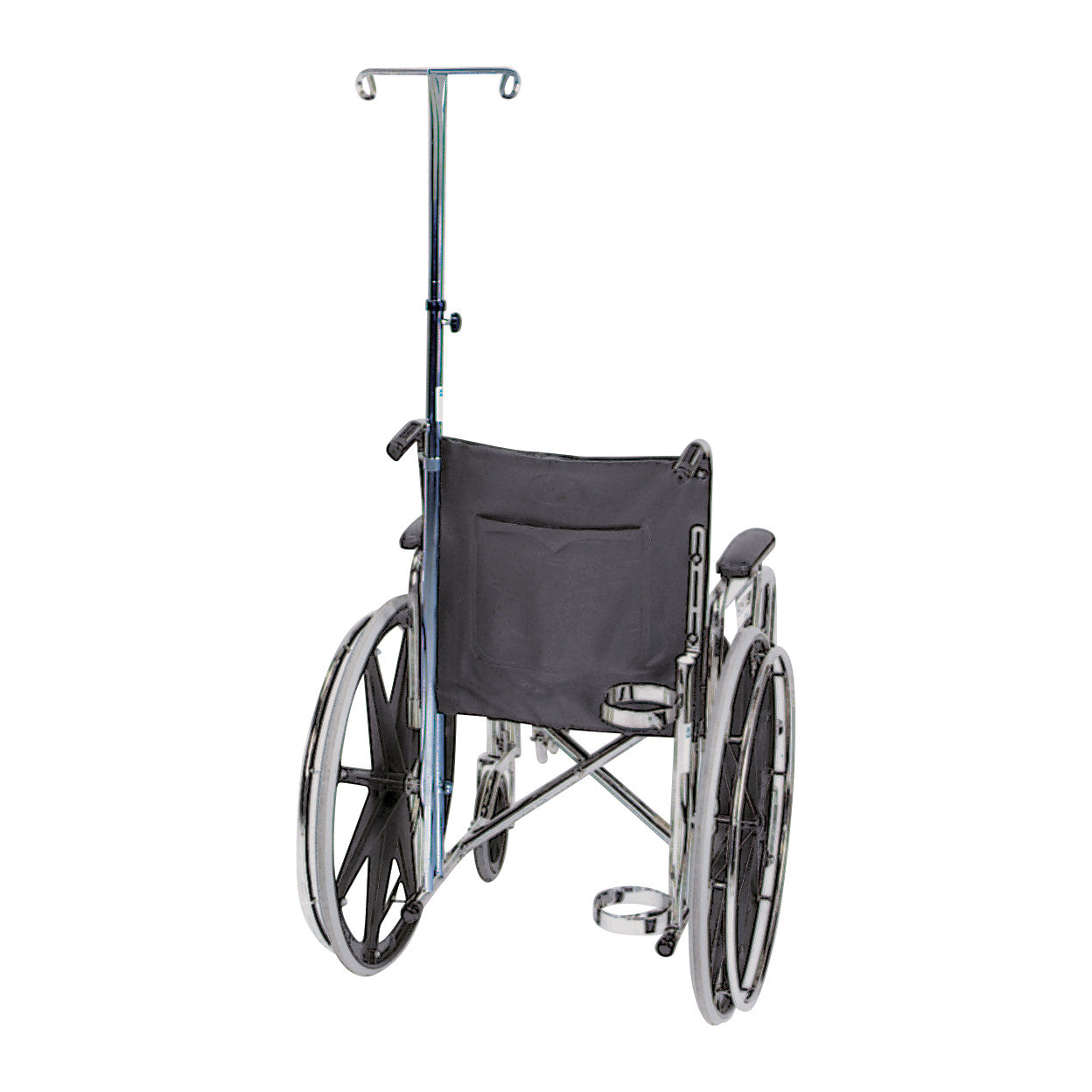 A wheelchair is equipped with an AliMed IV Pole, featuring a sturdy metal design with hooks, attached to the chair's back.