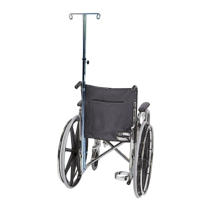 A wheelchair is equipped with an AliMed IV Pole, featuring a sturdy metal design with hooks, attached to the chair's back.
