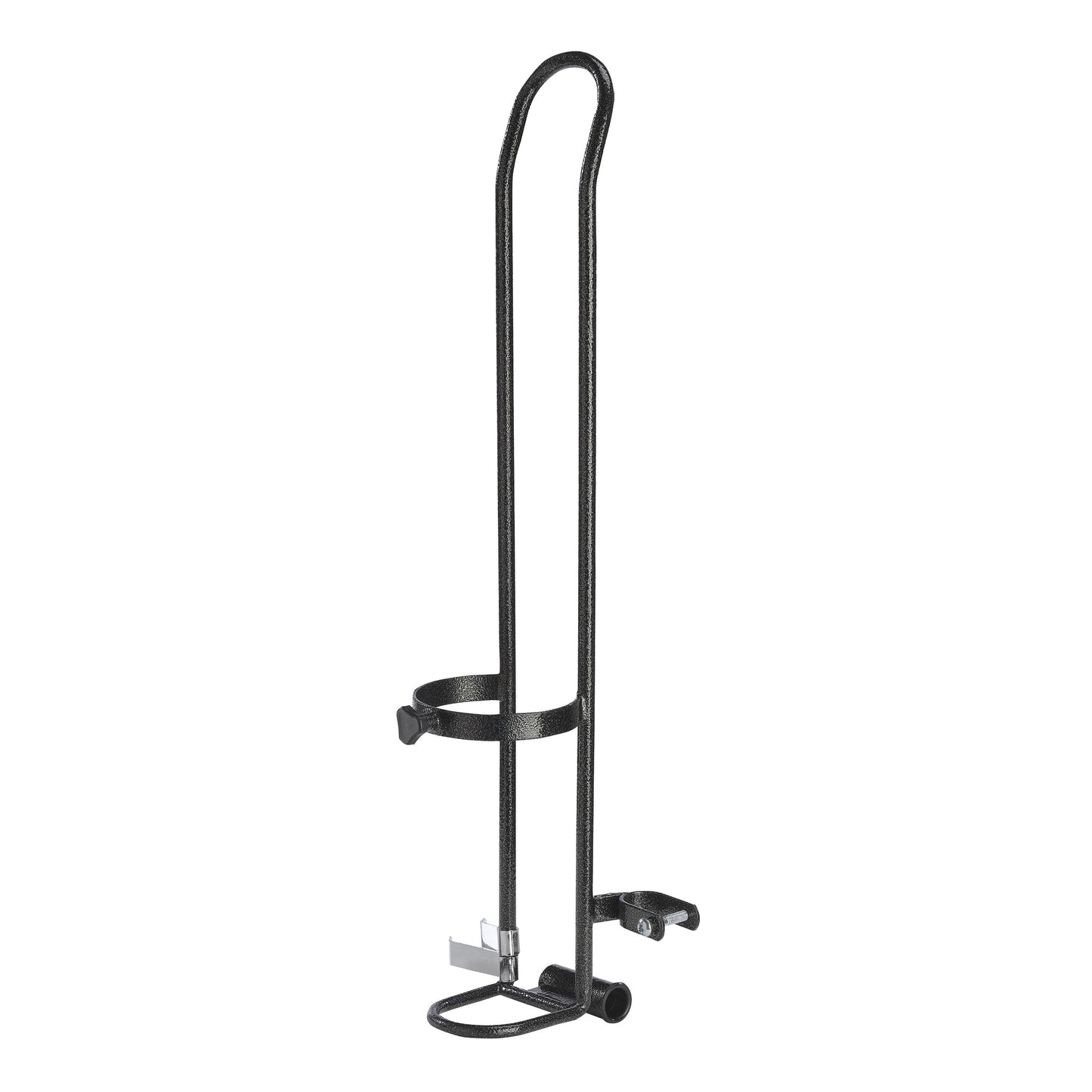AliMed Oxygen Tank Holder, a black metal frame designed to securely hold a portable oxygen tank, with mounting brackets.