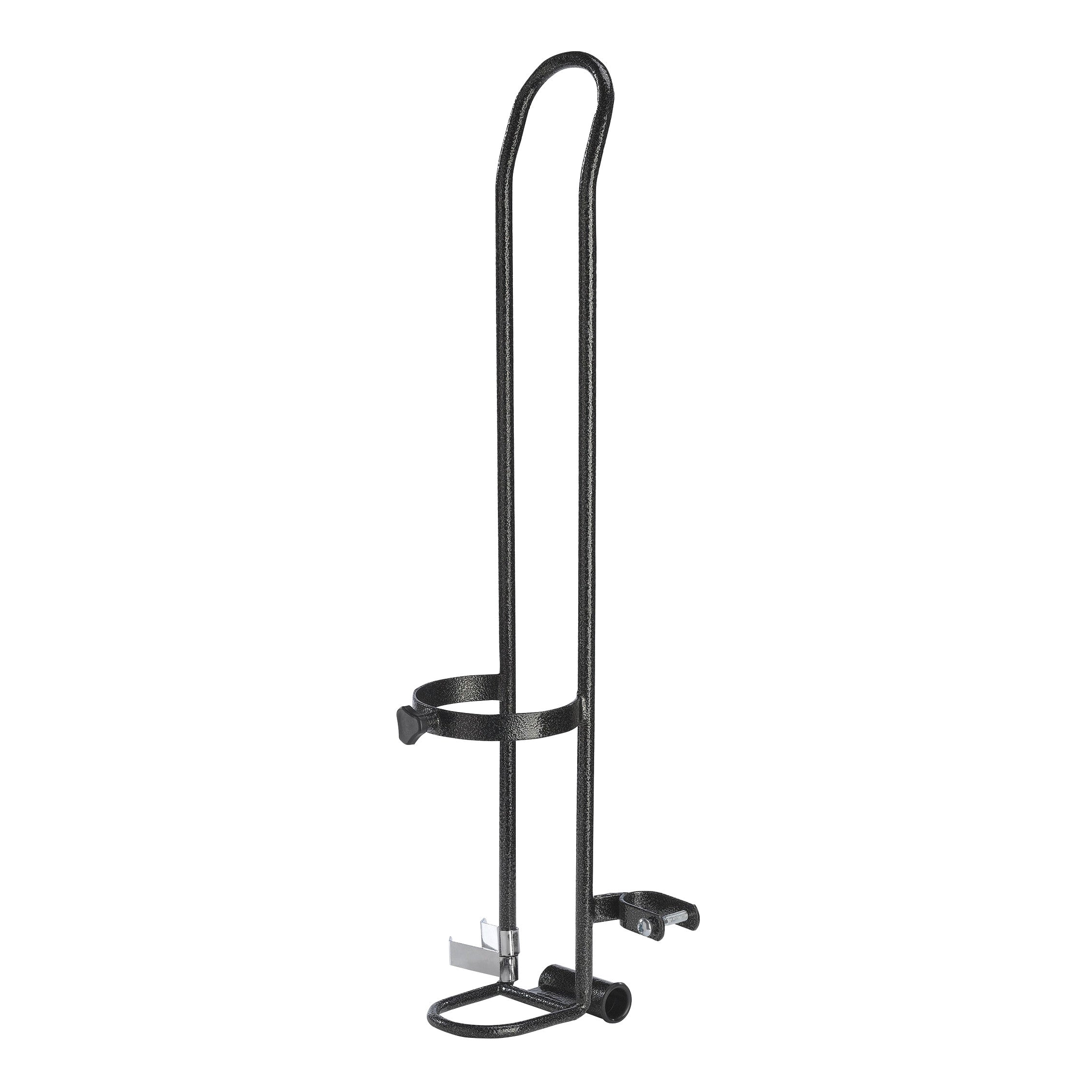 AliMed Oxygen Tank Holder, a black metal frame designed to securely hold a portable oxygen tank, with mounting brackets.