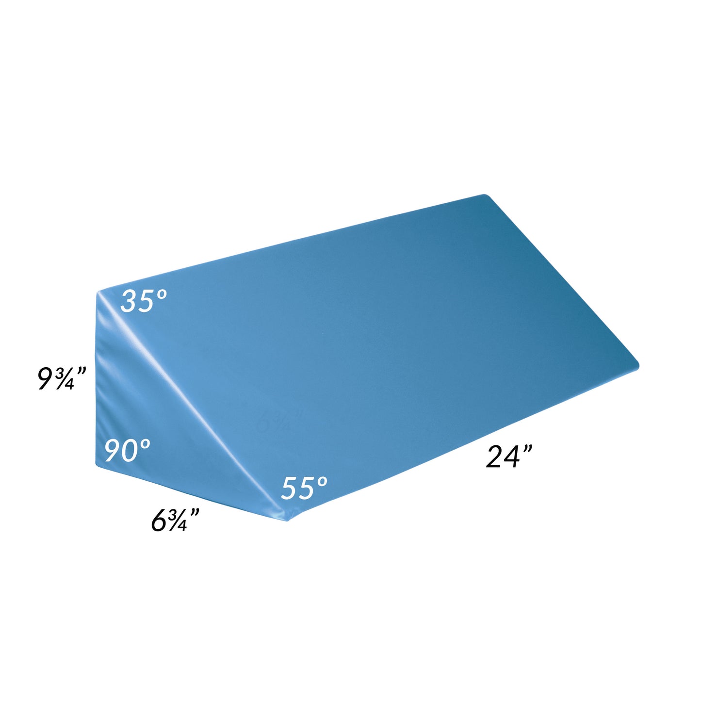 AliMed Vinyl-Covered 55 Degree Large Wedge Positioner in blue, featuring dimensions and angles: 24" long, 9�" high, and 6�" wide.