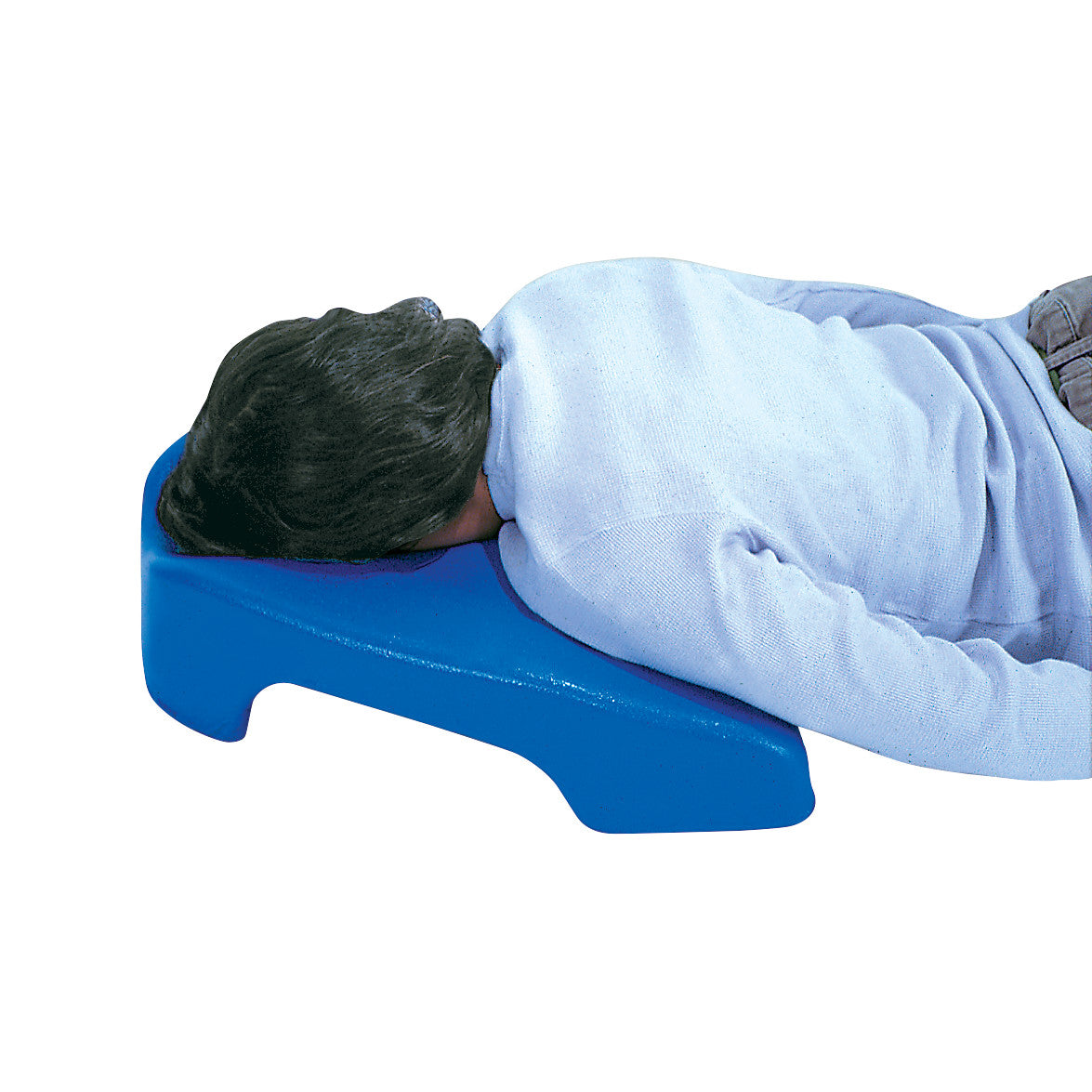 A person lies face down on a blue Pron Pillo, designed for comfort and support during prone positioning.