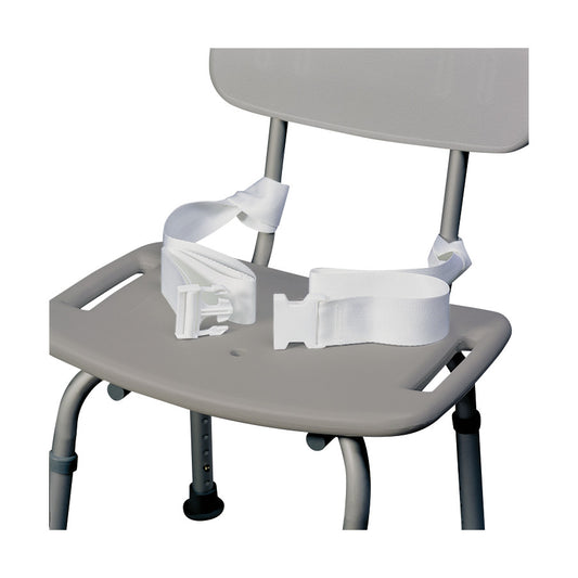 Grey chair with a SkiL-Care Shower and Toilet Safety Belt attached, featuring white straps and a buckle for security.