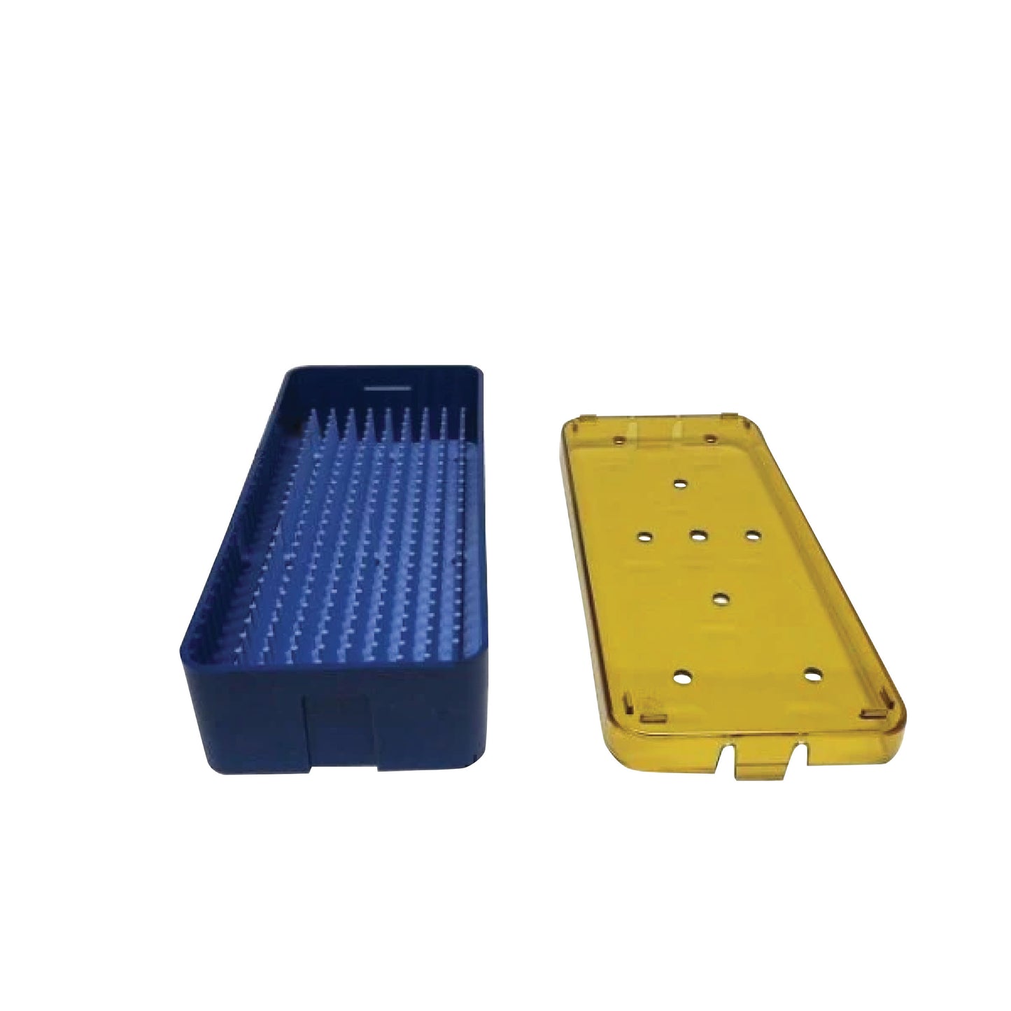 PST Plastic Instrument Sterilization Tray, featuring a blue base with pegs and a transparent yellow lid with ventilation holes.