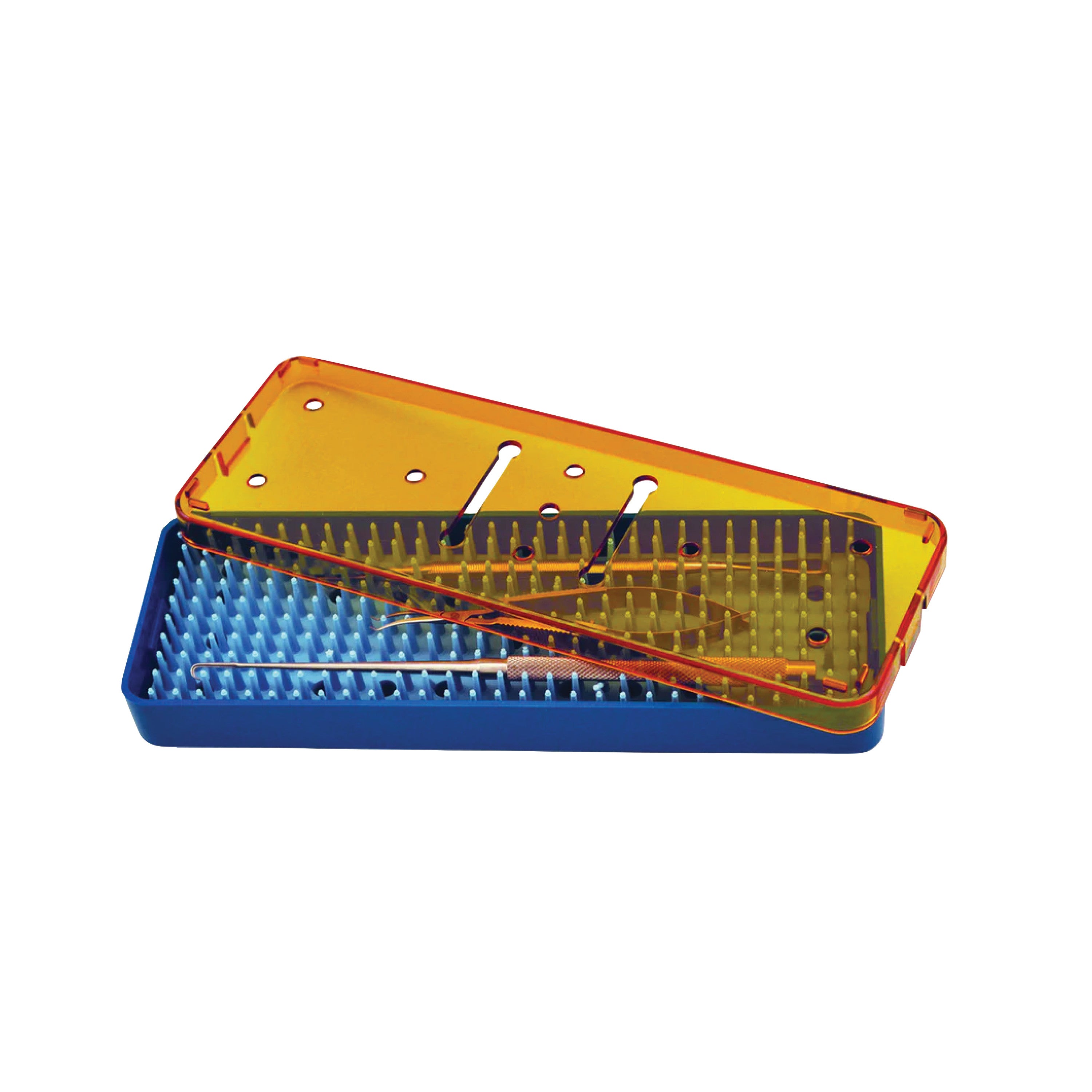 The PST Plastic Instrument Sterilization Tray features a blue base with pegs and an orange, transparent lid.