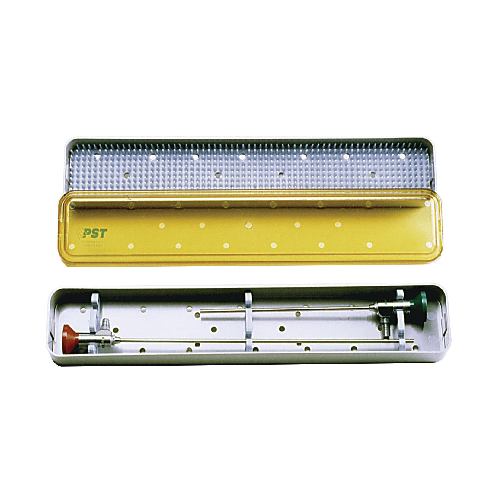 Open PST Scope Sterilization Tray with a yellow lid and metal interior, designed for holding medical scopes.