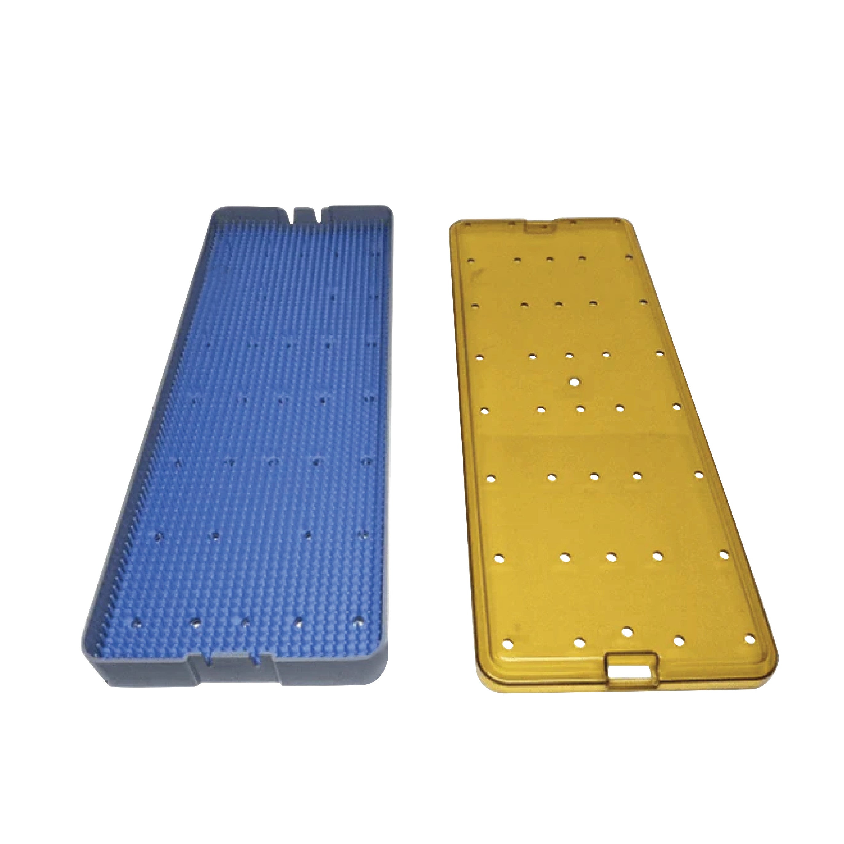 Two PST Scope Sterilization Trays are shown. One is blue with a grid texture, and the other is yellow with perforations.