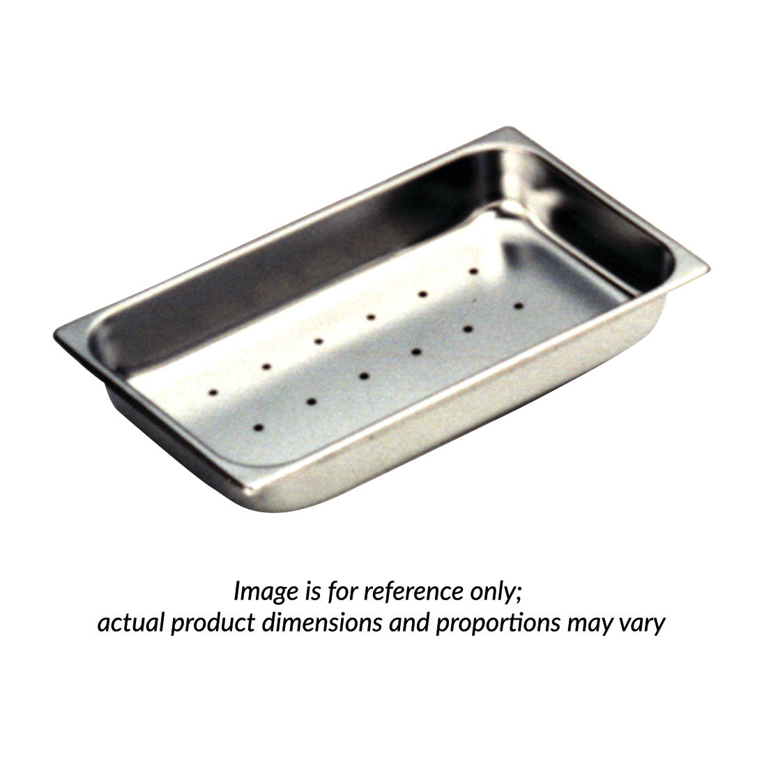 Stainless steel Polar Ware Perforated Instrument Tray with drainage holes, rectangular shape, on a white background.